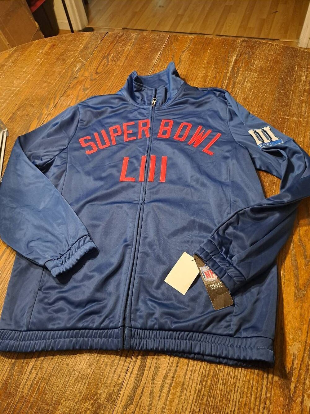 New NFL Super Bowl LIII Track Jacket Men L Blue Red White Zip Front Fleece Lined
